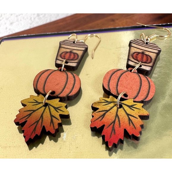 Pumpkin Latte Earrings Coffee Fall Leaves New Dangle Hooks Double Sided… - Picture 7 of 12
